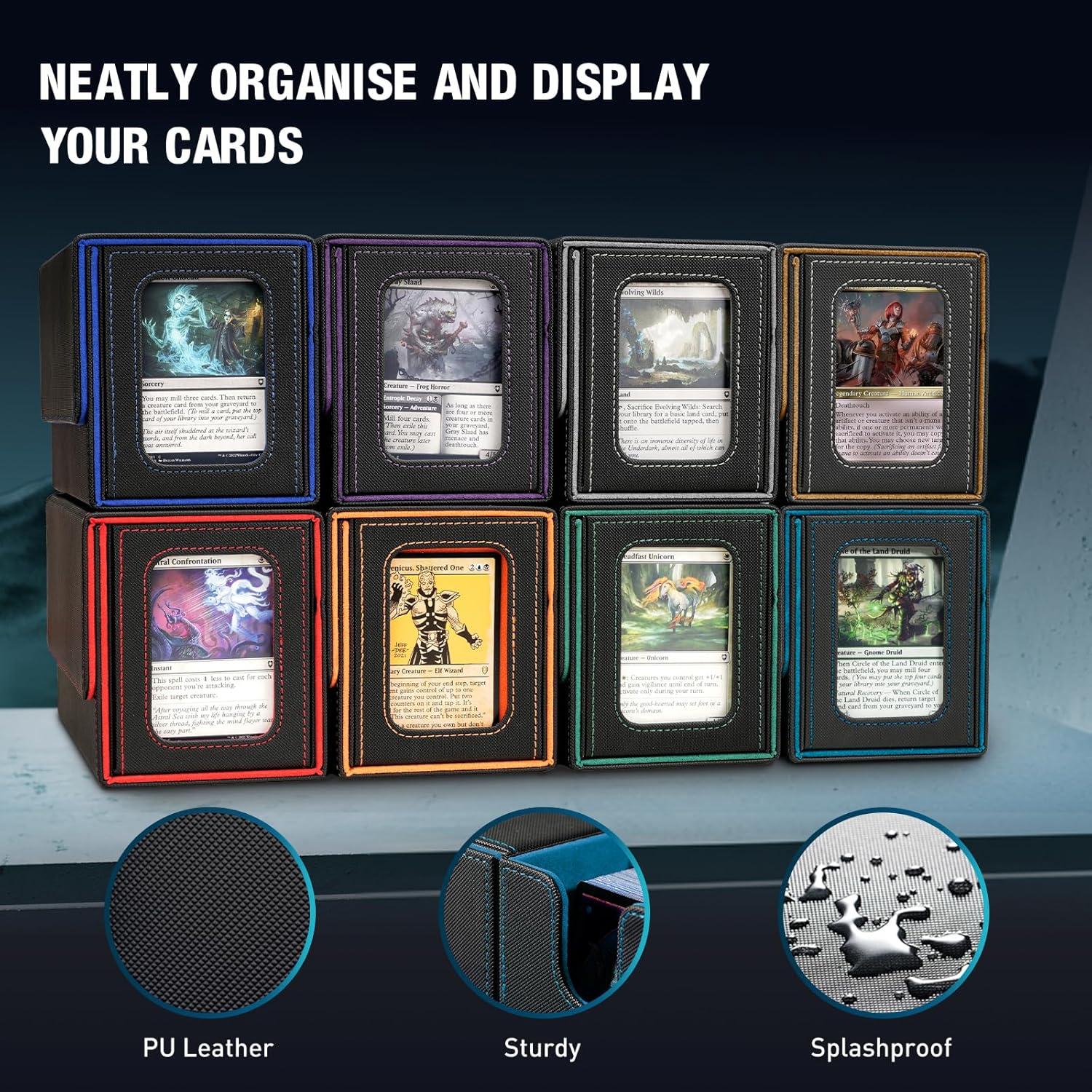 imageTiMOVO MTG Deck Box Commander Deck Case Fits 200 DoubleSleeved Cards Magnetic Leather Card Storage Box with 2 Commander Display ampamp 4Dividers ampamp Dice Tray Fit YuGiOh TCG CCG Magic Cards BlackPurpleBlack Cyan