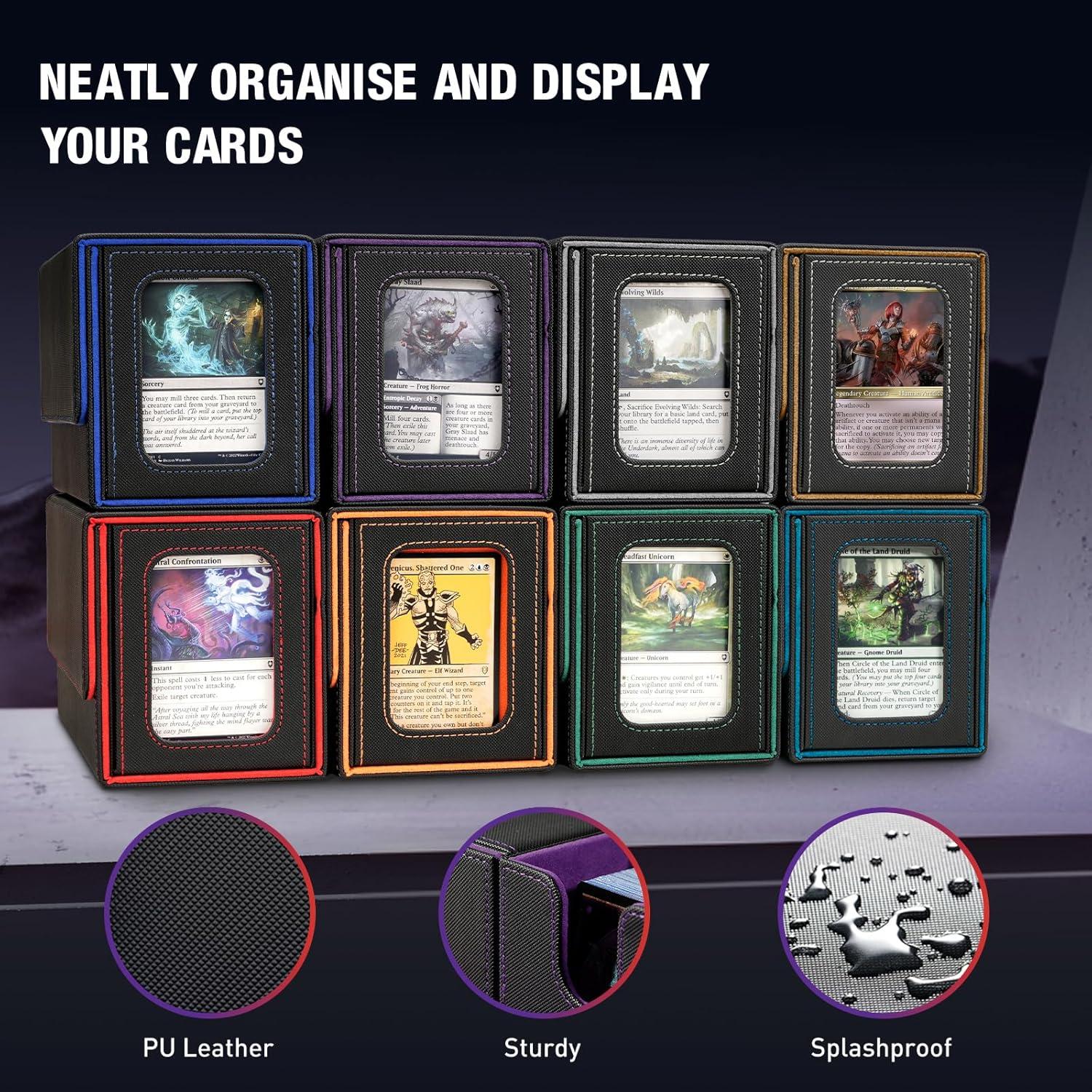 imageTiMOVO MTG Deck Box Commander Deck Case Fits 200 DoubleSleeved Cards Magnetic Leather Card Storage Box with 2 Commander Display ampamp 4Dividers ampamp Dice Tray Fit YuGiOh TCG CCG Magic Cards BlackPurpleBlack Purple