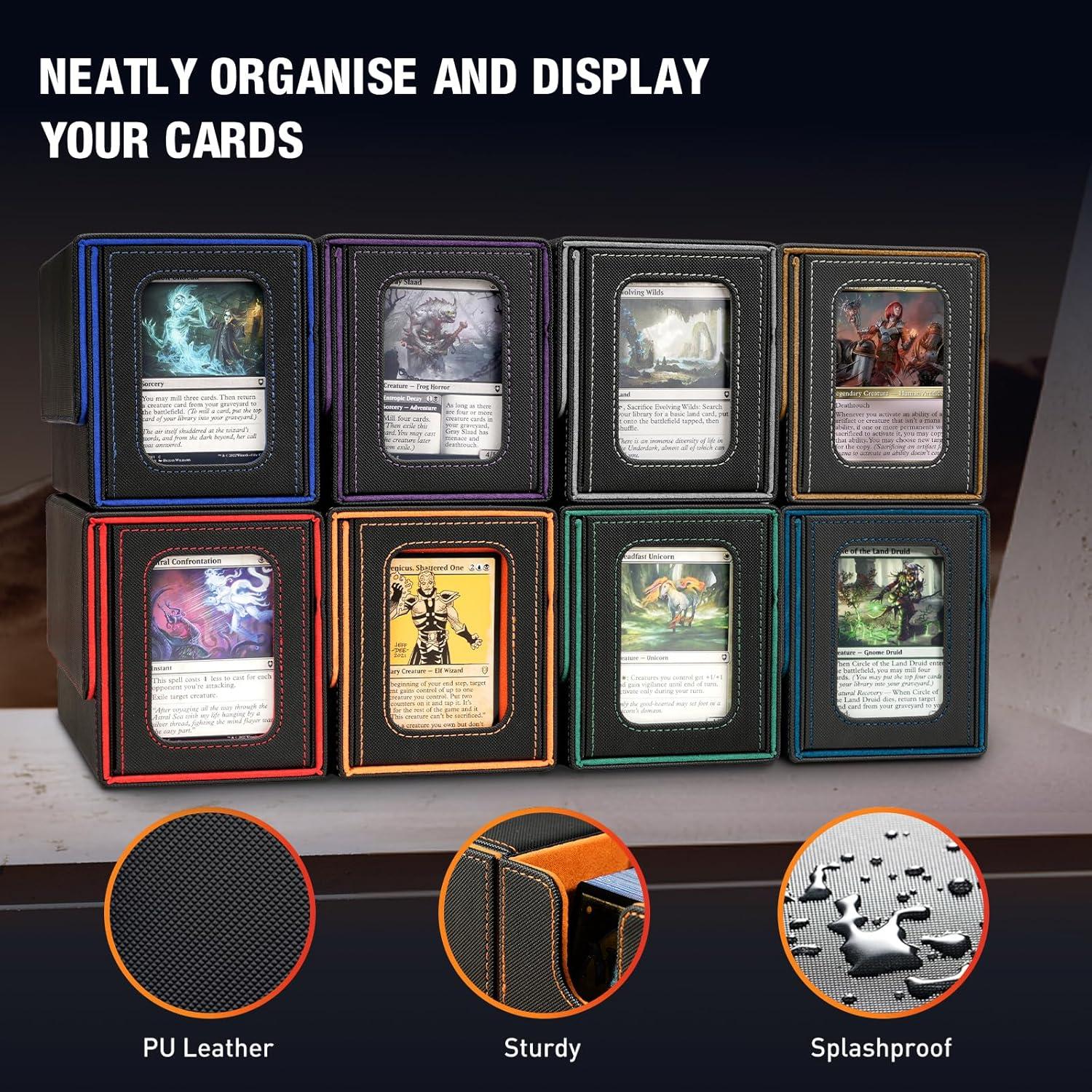 imageTiMOVO MTG Deck Box Commander Deck Case Fits 200 DoubleSleeved Cards Magnetic Leather Card Storage Box with 2 Commander Display ampamp 4Dividers ampamp Dice Tray Fit YuGiOh TCG CCG Magic Cards BlackPurpleBlackOrange