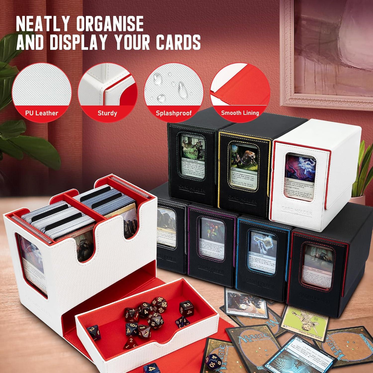 imageTiMOVO MTG Deck Box MTG Commander Card Deck Box with Commander Display ampamp Dice Tray Fits 400 Unsleeved Cards Leather Magnetic Card Storage Case with 6 Dividers for TCG CCG Magic Cards BlackRedWhite Redsatin cloth lining
