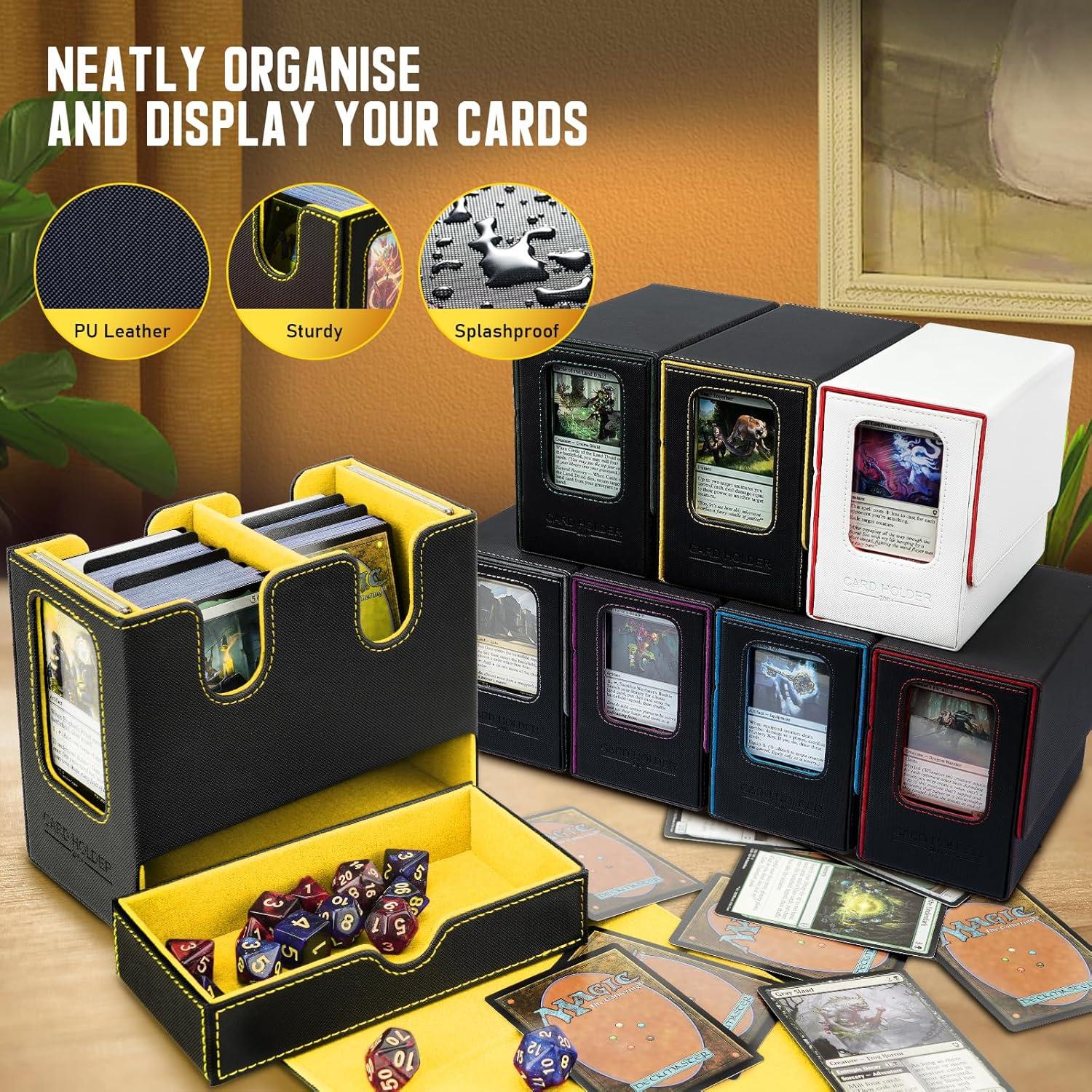 imageTiMOVO MTG Deck Box MTG Commander Card Deck Box with Commander Display ampamp Dice Tray Fits 400 Unsleeved Cards Leather Magnetic Card Storage Case with 6 Dividers for TCG CCG Magic Cards BlackRedBlack Yellow