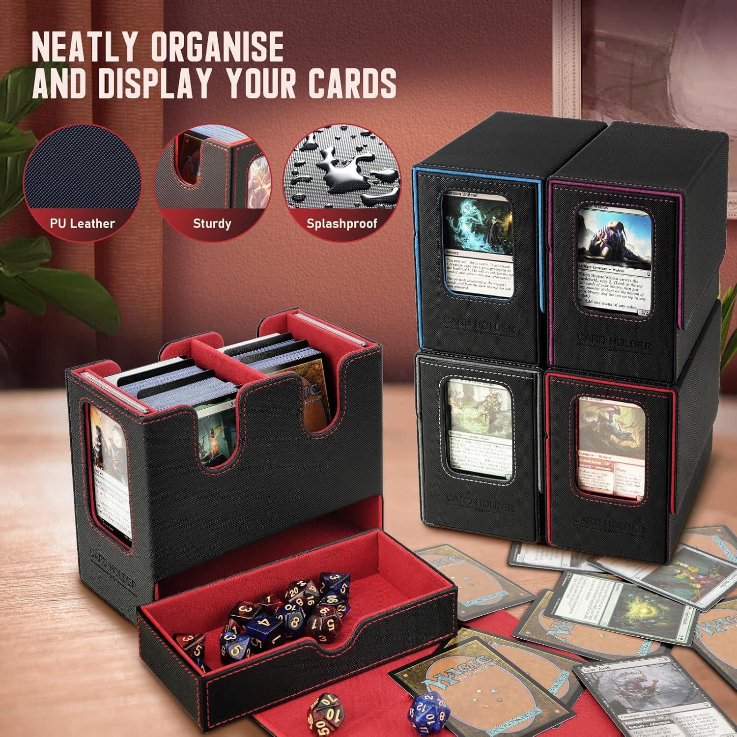 imageTiMOVO MTG Deck Box MTG Commander Card Deck Box with Commander Display ampamp Dice Tray Fits 400 Unsleeved Cards Leather Magnetic Card Storage Case with 6 Dividers for TCG CCG Magic Cards BlackRedBlack Red