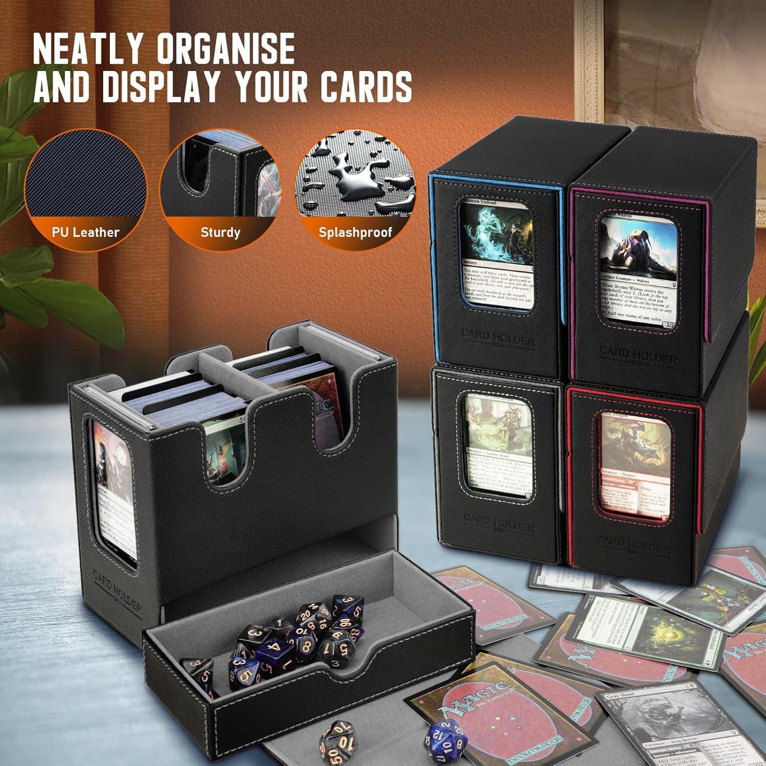 imageTiMOVO MTG Deck Box MTG Commander Card Deck Box with Commander Display ampamp Dice Tray Fits 400 Unsleeved Cards Leather Magnetic Card Storage Case with 6 Dividers for TCG CCG Magic Cards BlackRedBlack Gray