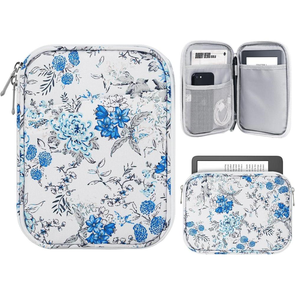 imageTiMOVO 67 Inch Tablet Sleeve for AllNew Kindle Paperwhite and Kindle Colorsoft Signature Edition Protective Sleeve Cover Case with Pocket for Kindle EReaderKindle Oasis Yellow FlowerBBlue Flower  White