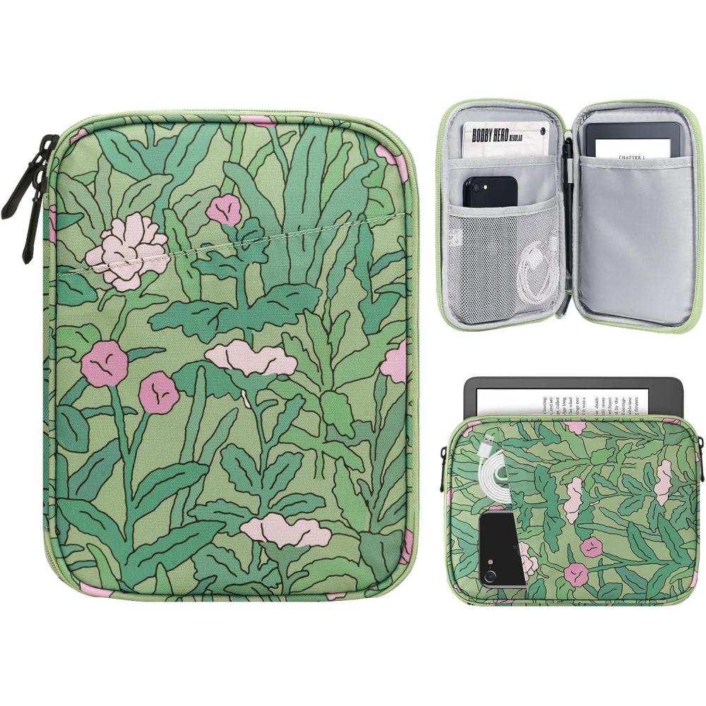 imageTiMOVO 67 Inch Tablet Sleeve for AllNew Kindle Paperwhite and Kindle Colorsoft Signature Edition Protective Sleeve Cover Case with Pocket for Kindle EReaderKindle Oasis Yellow FlowerBGreen Flower