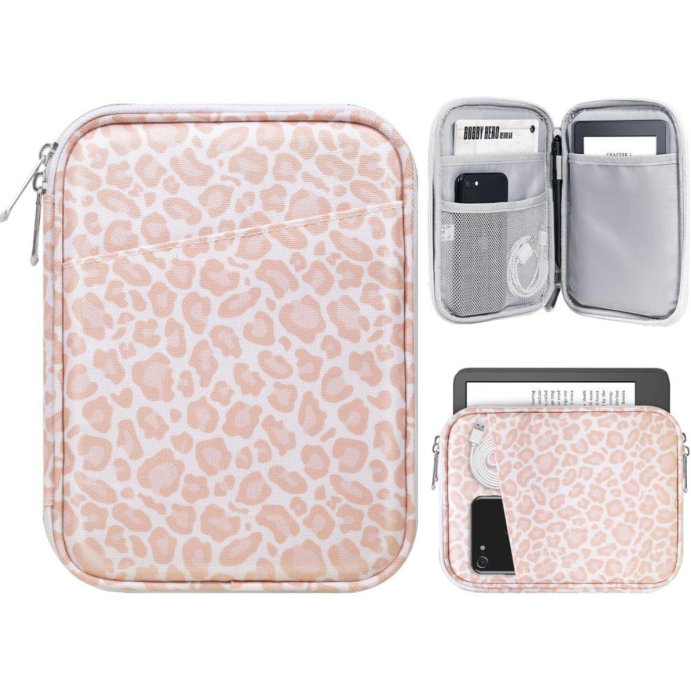 imageTiMOVO 67 Inch Tablet Sleeve for AllNew Kindle Paperwhite and Kindle Colorsoft Signature Edition Protective Sleeve Cover Case with Pocket for Kindle EReaderKindle Oasis Yellow FlowerBPink Leopard