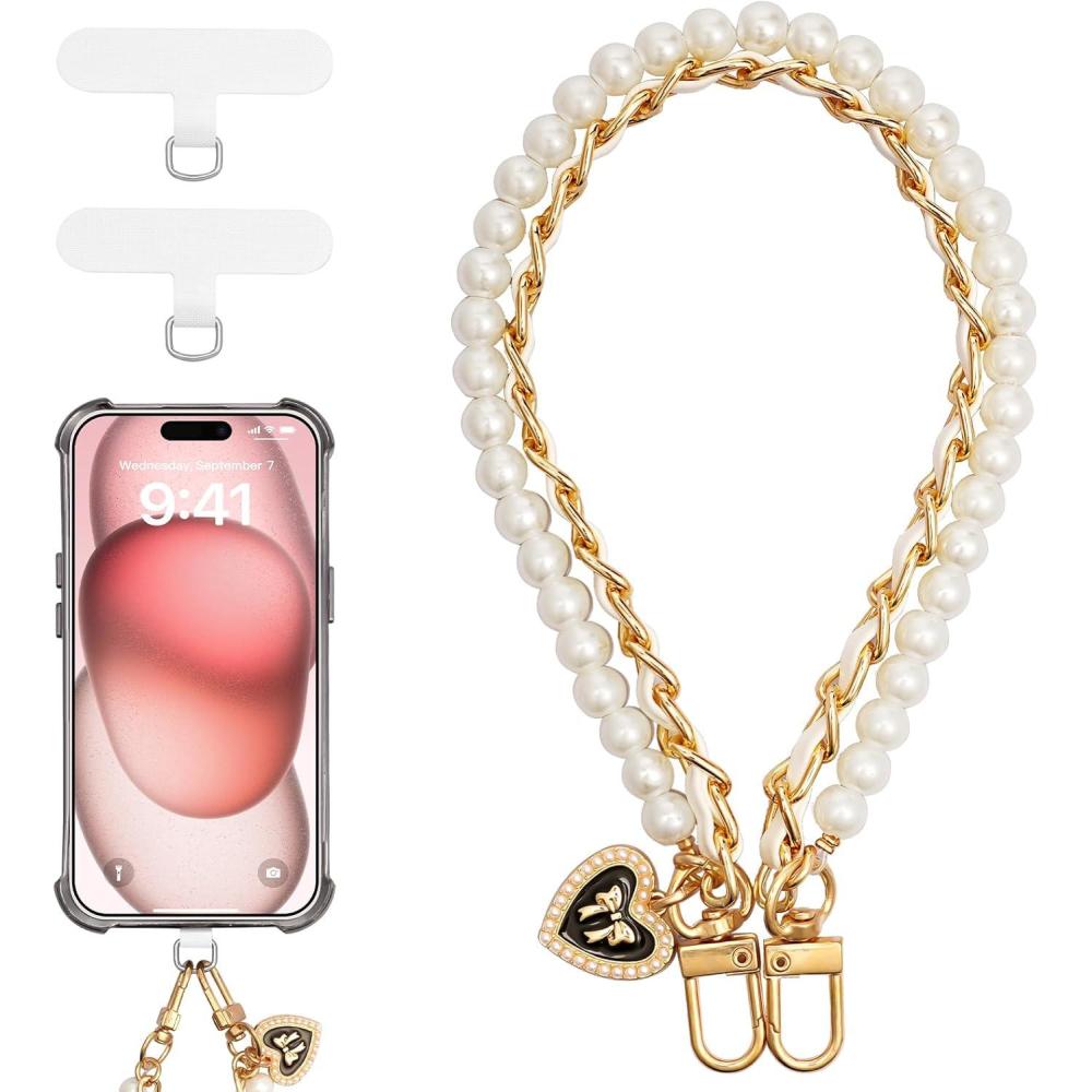 imageTiMOVO Beaded Pearls Phone Lanyard Wrist Strap for Phone Case Detachable Phone Wristlet with Tether Tab HandsFree Phone Charm Bracelet Strap for Women Gold  Black  WhiteGold  White