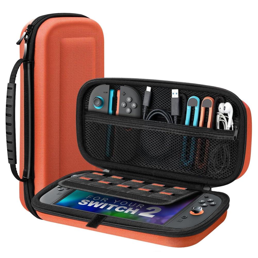 imageTiMOVO Carrying Case for Nintendo Switch 2 2025 Large Capacity Protective Hard Shell Portable Travel Case Pouch for Switch 2 with 10 Game Card Slots and Pockets for Console ampamp Accessories BlackOrange