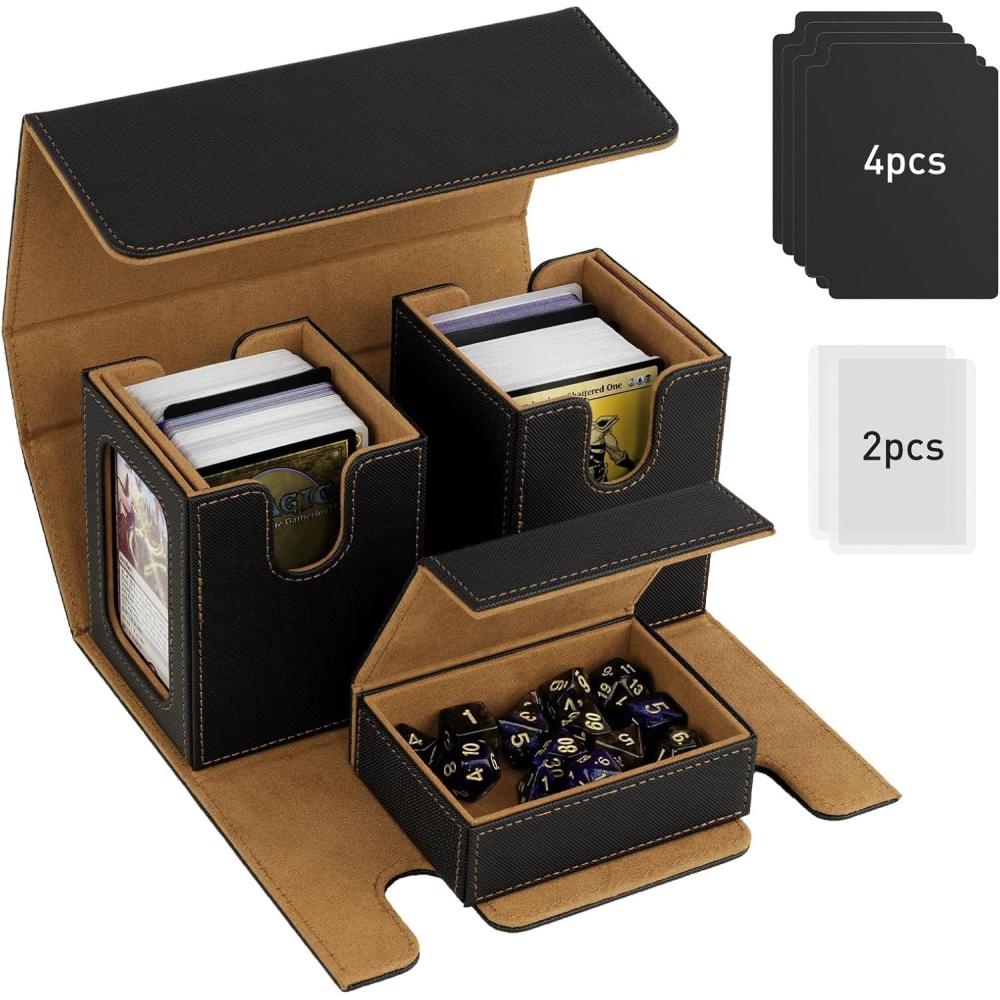 imageTiMOVO MTG Deck Box Commander Deck Case Fits 200 DoubleSleeved Cards Magnetic Leather Card Storage Box with 2 Commander Display ampamp 4Dividers ampamp Dice Tray Fit YuGiOh TCG CCG Magic Cards BlackPurpleBlack Gold