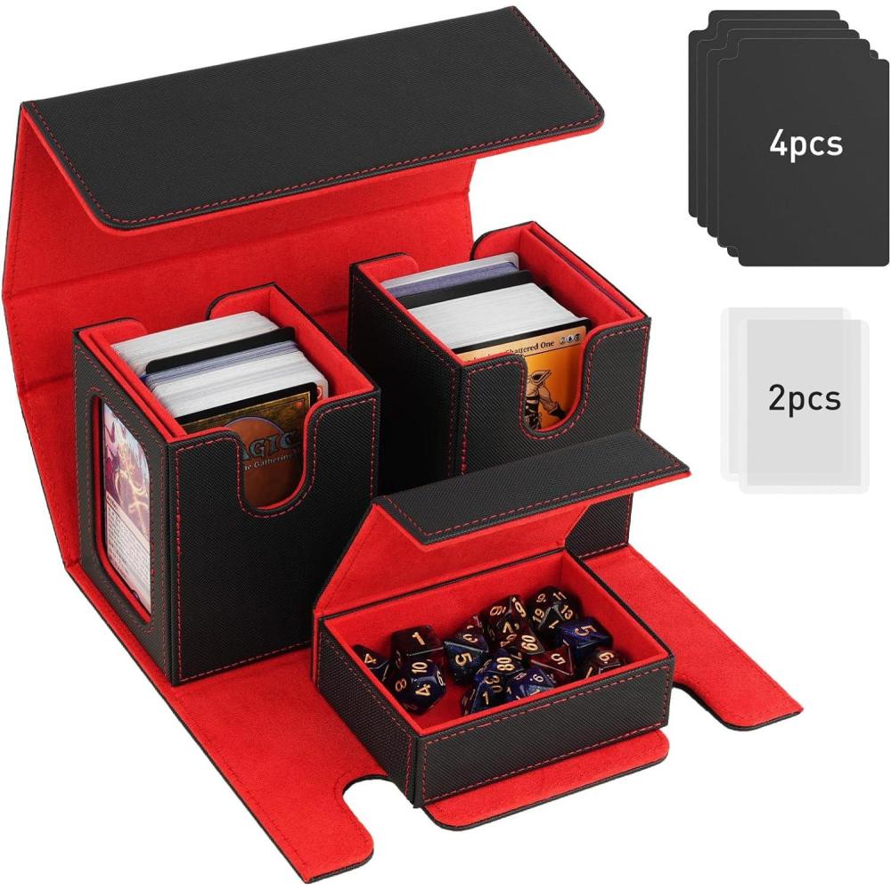 imageTiMOVO MTG Deck Box Commander Deck Case Fits 200 DoubleSleeved Cards Magnetic Leather Card Storage Box with 2 Commander Display ampamp 4Dividers ampamp Dice Tray Fit YuGiOh TCG CCG Magic Cards BlackPurpleBlack Red