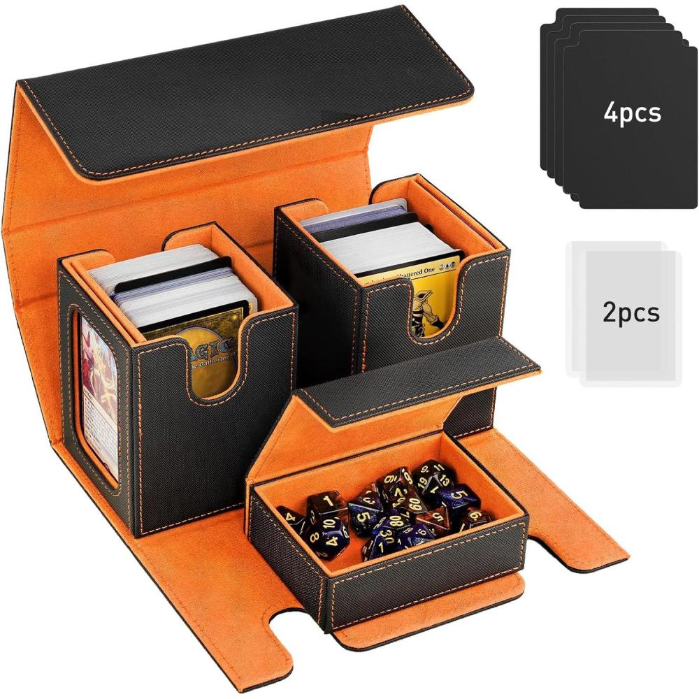 imageTiMOVO MTG Deck Box Commander Deck Case Fits 200 DoubleSleeved Cards Magnetic Leather Card Storage Box with 2 Commander Display ampamp 4Dividers ampamp Dice Tray Fit YuGiOh TCG CCG Magic Cards BlackPurpleBlackOrange
