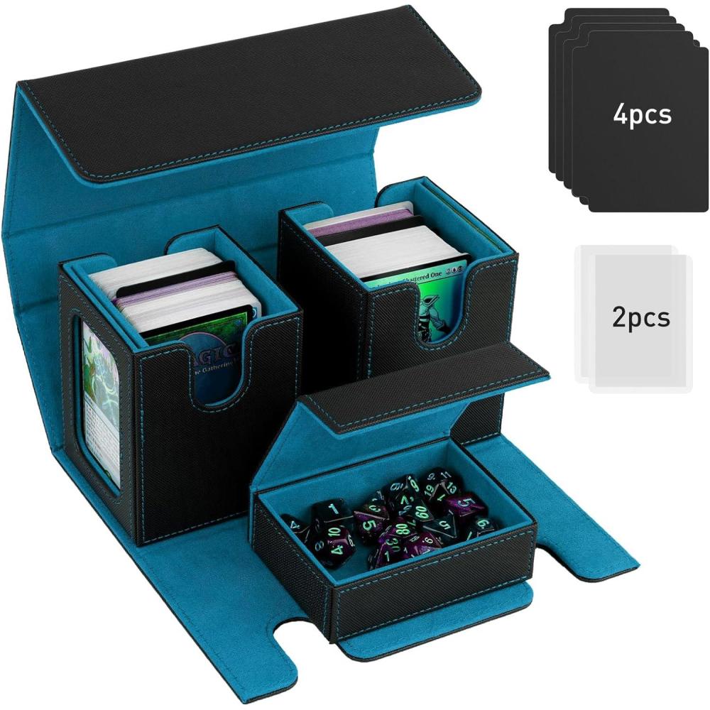 imageTiMOVO MTG Deck Box Commander Deck Case Fits 200 DoubleSleeved Cards Magnetic Leather Card Storage Box with 2 Commander Display ampamp 4Dividers ampamp Dice Tray Fit YuGiOh TCG CCG Magic Cards BlackPurpleBlack Cyan