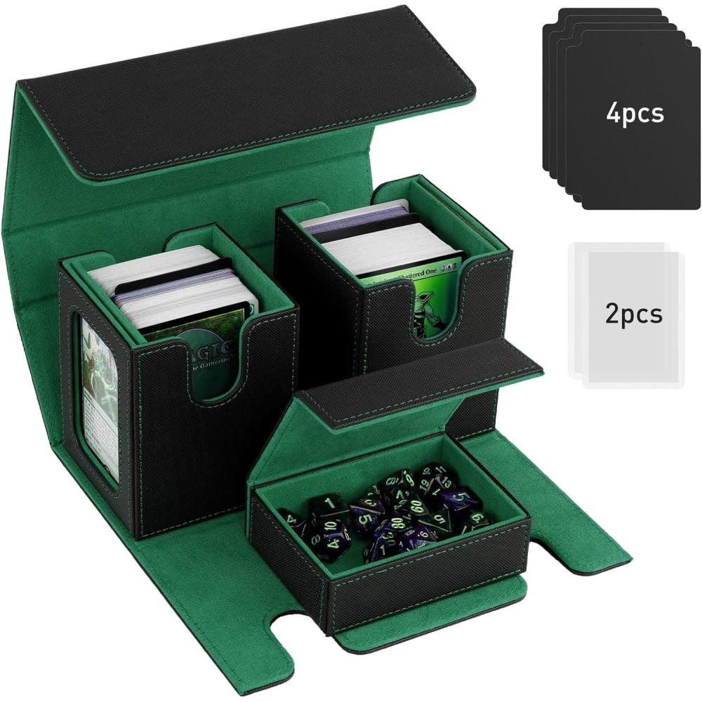 imageTiMOVO MTG Deck Box Commander Deck Case Fits 200 DoubleSleeved Cards Magnetic Leather Card Storage Box with 2 Commander Display ampamp 4Dividers ampamp Dice Tray Fit YuGiOh TCG CCG Magic Cards BlackPurpleBlackGreen