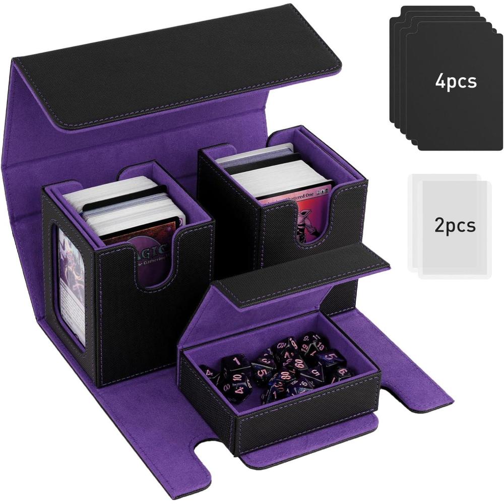 imageTiMOVO MTG Deck Box Commander Deck Case Fits 200 DoubleSleeved Cards Magnetic Leather Card Storage Box with 2 Commander Display ampamp 4Dividers ampamp Dice Tray Fit YuGiOh TCG CCG Magic Cards BlackPurpleBlack Purple