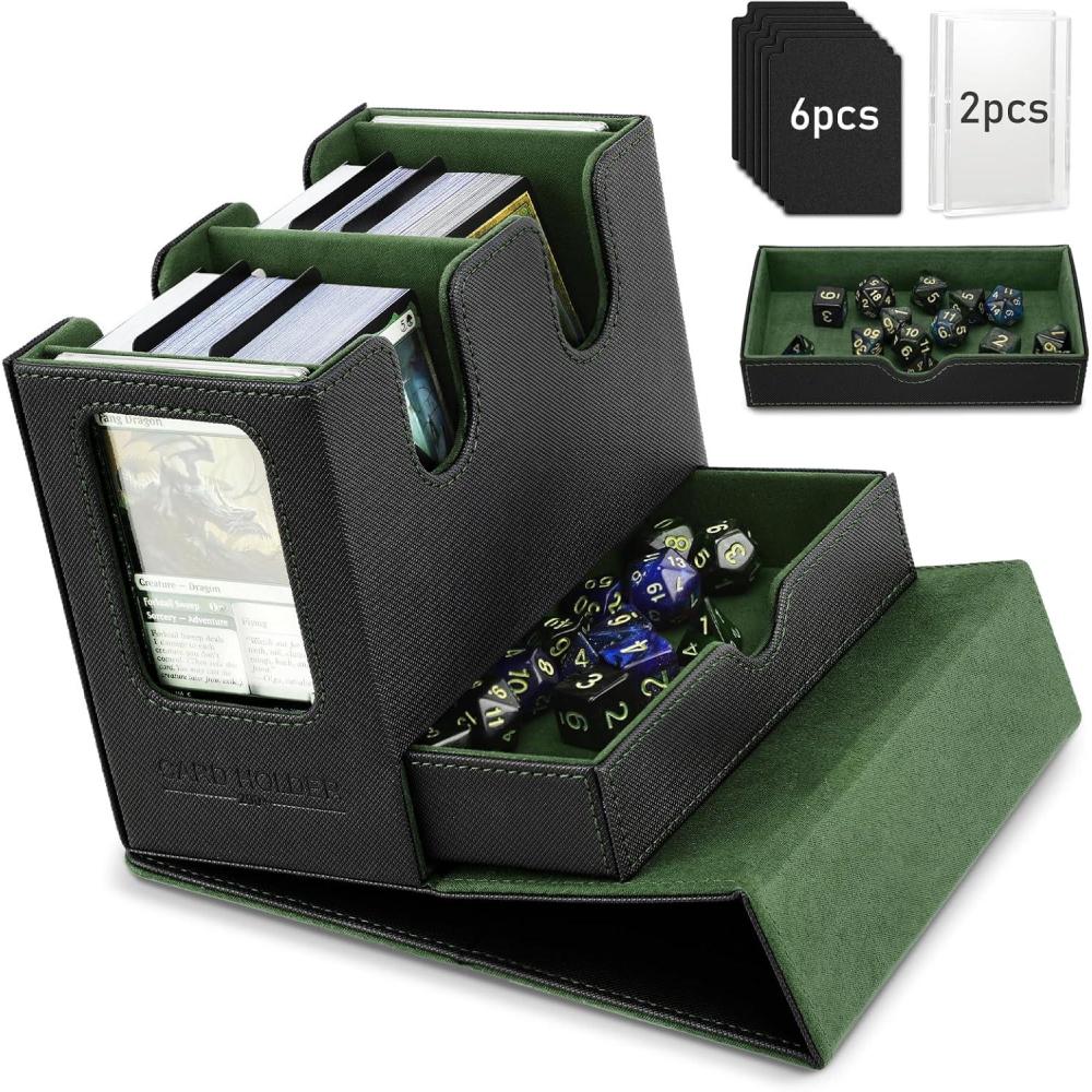 imageTiMOVO MTG Deck Box MTG Commander Card Deck Box with Commander Display ampamp Dice Tray Fits 400 Unsleeved Cards Leather Magnetic Card Storage Case with 6 Dividers for TCG CCG Magic Cards BlackRedBlack Green