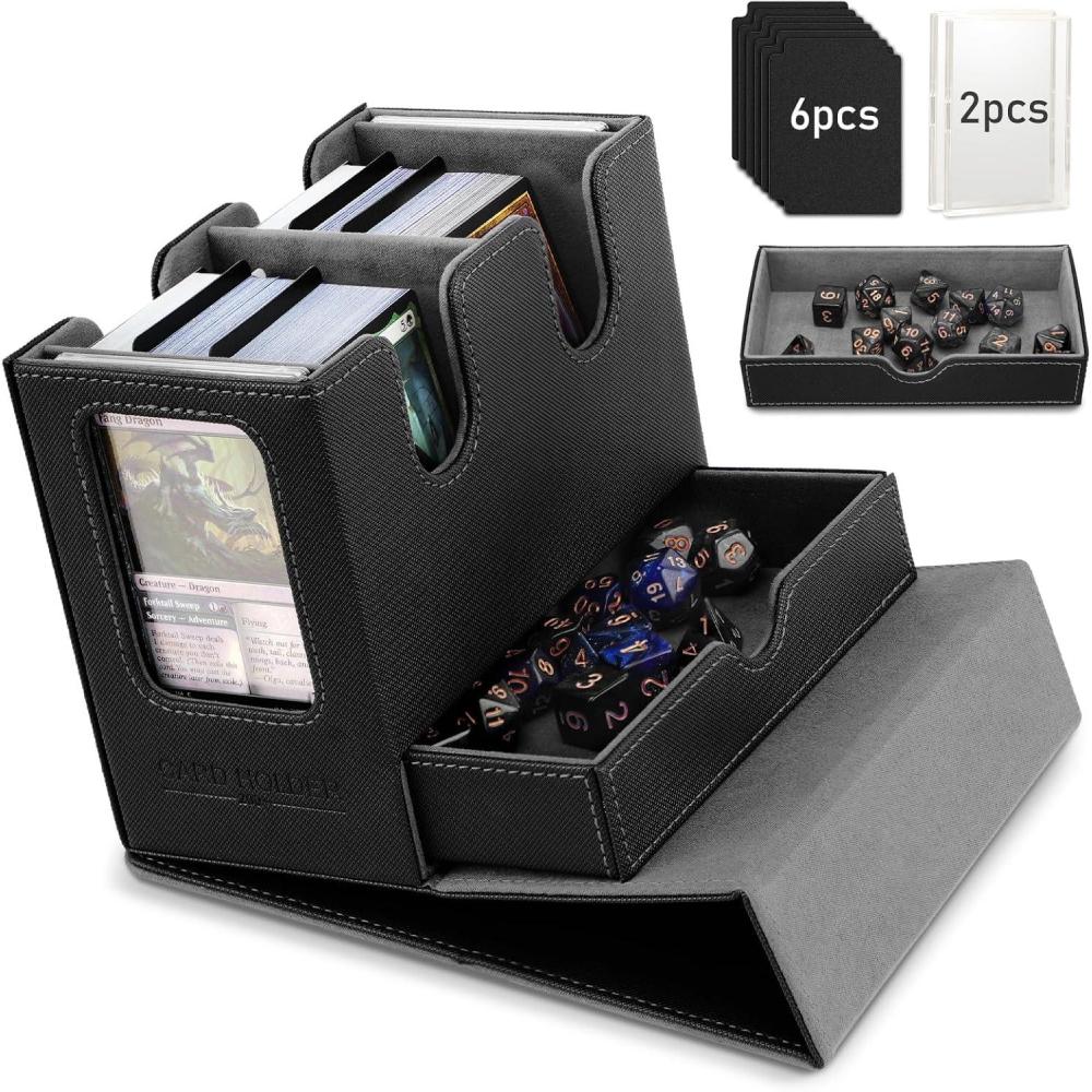 imageTiMOVO MTG Deck Box MTG Commander Card Deck Box with Commander Display ampamp Dice Tray Fits 400 Unsleeved Cards Leather Magnetic Card Storage Case with 6 Dividers for TCG CCG Magic Cards BlackRedBlack  Gray