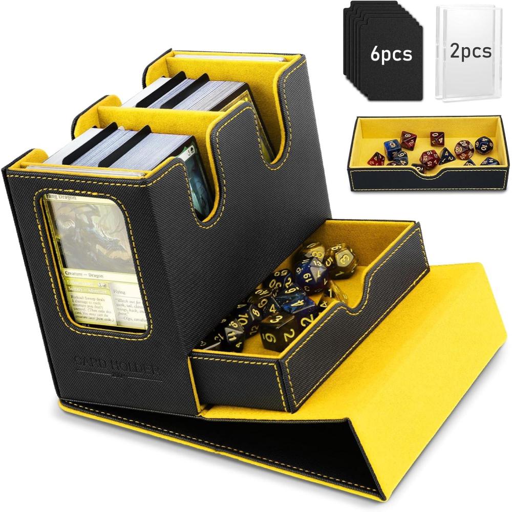 imageTiMOVO MTG Deck Box MTG Commander Card Deck Box with Commander Display ampamp Dice Tray Fits 400 Unsleeved Cards Leather Magnetic Card Storage Case with 6 Dividers for TCG CCG Magic Cards BlackRedBlack Yellow