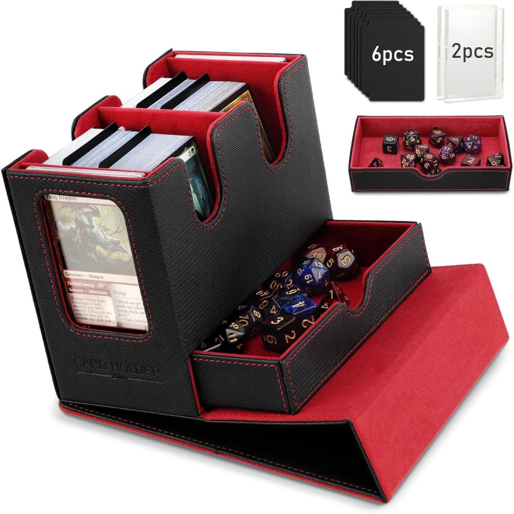 imageTiMOVO MTG Deck Box MTG Commander Card Deck Box with Commander Display ampamp Dice Tray Fits 400 Unsleeved Cards Leather Magnetic Card Storage Case with 6 Dividers for TCG CCG Magic Cards BlackRedBlack Red