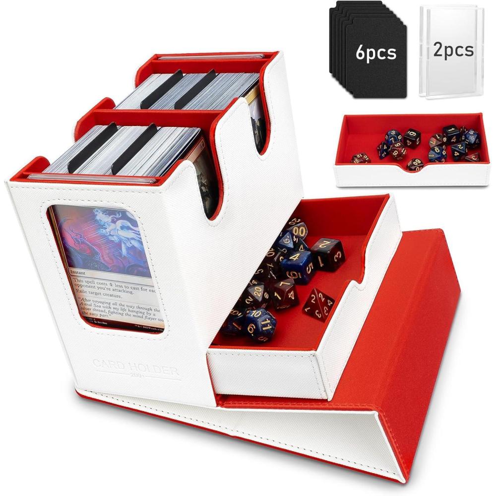 imageTiMOVO MTG Deck Box MTG Commander Card Deck Box with Commander Display ampamp Dice Tray Fits 400 Unsleeved Cards Leather Magnetic Card Storage Case with 6 Dividers for TCG CCG Magic Cards BlackRedWhite  Redsatin cloth lining