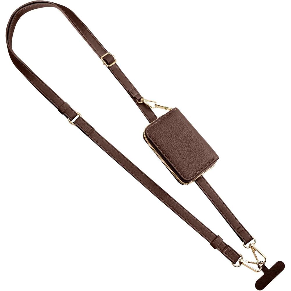 imageTiMOVO Phone Lanyard Strap with Leather Wallet Pouch Universal Crossbody Phone Lanyard Adjustable Neck Strap Compatible with Most Smartphones BlackDark Brown