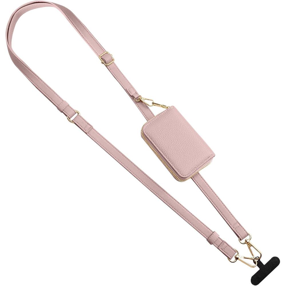 imageTiMOVO Phone Lanyard Strap with Leather Wallet Pouch Universal Crossbody Phone Lanyard Adjustable Neck Strap Compatible with Most Smartphones BlackNude Pink