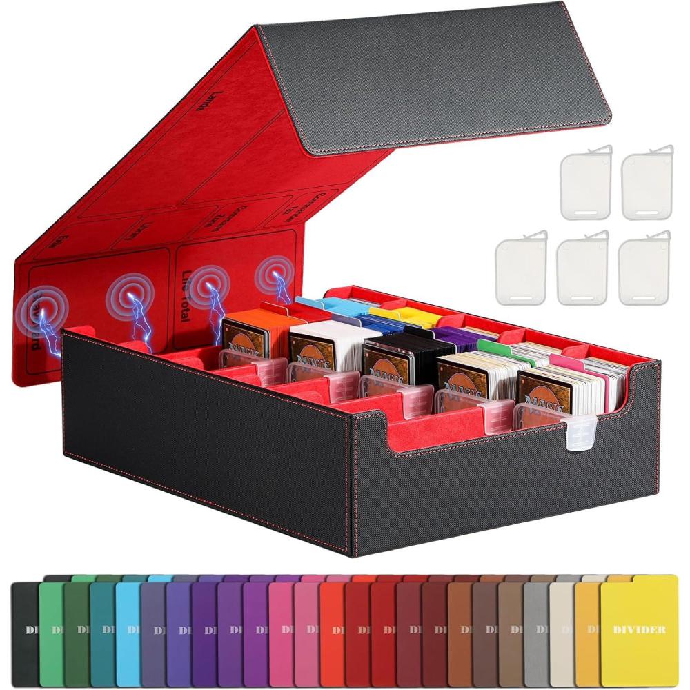 imageTiMOVO Trading Cards Storage Box 3800 MTG Card Deck Box with 24 Colorful Dividers ampamp 5 Card Supporters 5 Rows Magnetic Leather Commander Deck Box Fits MTG Yugioh TCG Magic Game Cards BlackGreyBlack  Red