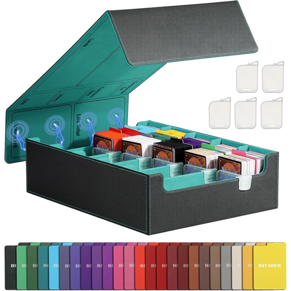 imageTiMOVO Trading Cards Storage Box 3800 MTG Card Deck Box with 24 Colorful Dividers ampamp 5 Card Supporters 5 Rows Magnetic Leather Commander Deck Box Fits MTG Yugioh TCG Magic Game Cards BlackGreyBlack Green