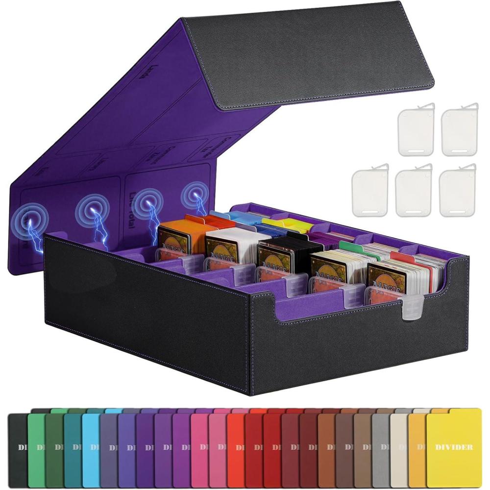 imageTiMOVO Trading Cards Storage Box 3800 MTG Card Deck Box with 24 Colorful Dividers ampamp 5 Card Supporters 5 Rows Magnetic Leather Commander Deck Box Fits MTG Yugioh TCG Magic Game Cards BlackGreyBlack  Purple