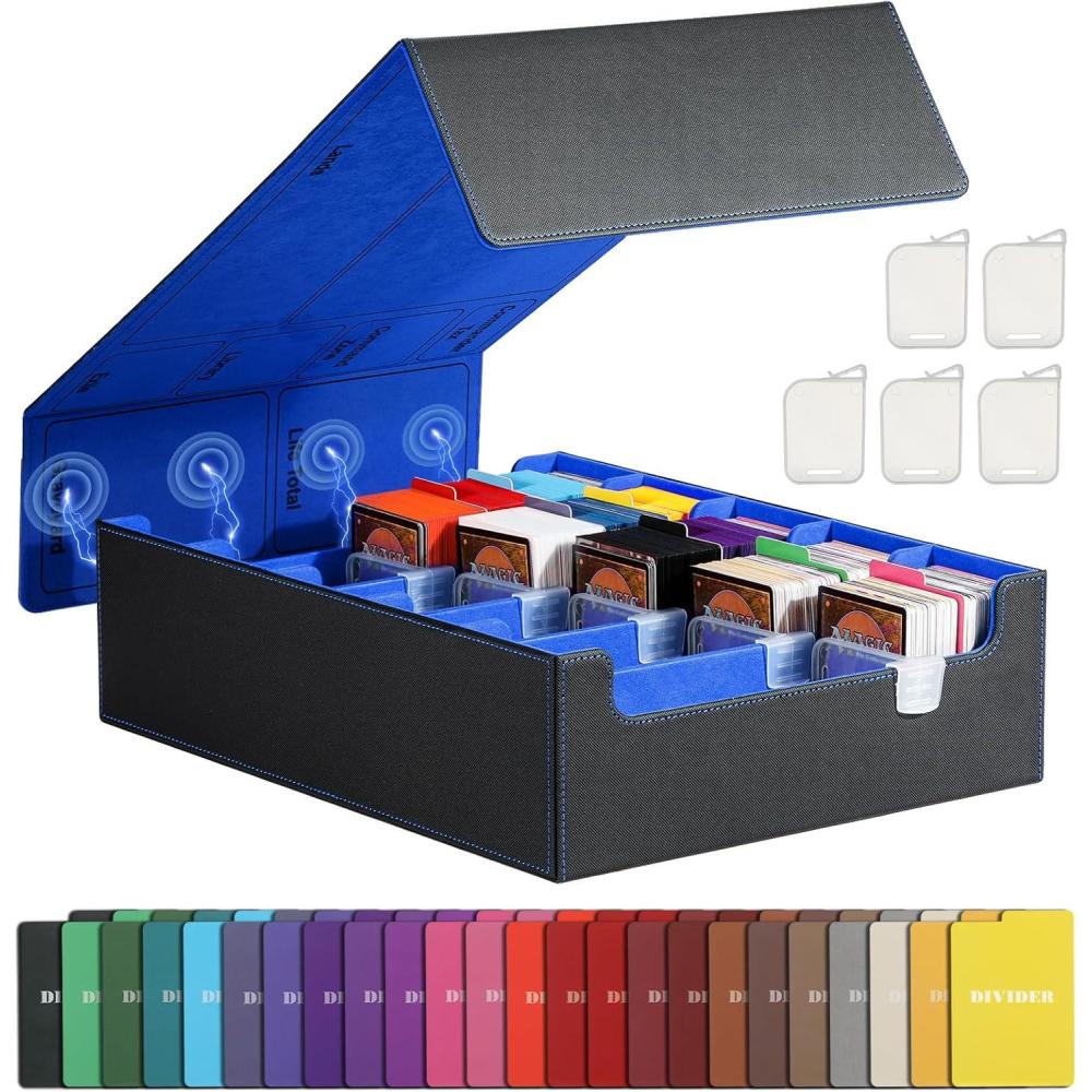 imageTiMOVO Trading Cards Storage Box 3800 MTG Card Deck Box with 24 Colorful Dividers ampamp 5 Card Supporters 5 Rows Magnetic Leather Commander Deck Box Fits MTG Yugioh TCG Magic Game Cards BlackGreyBlack  Blue