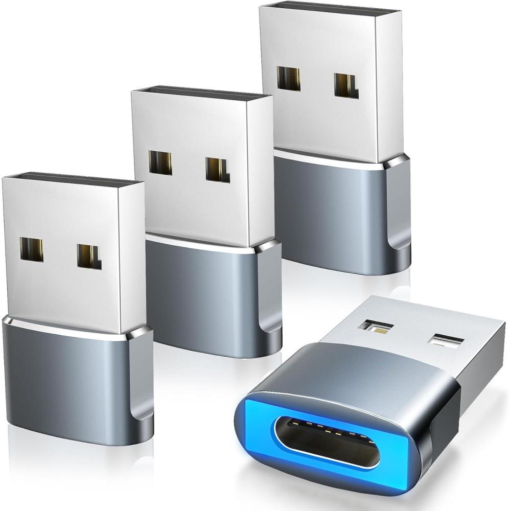 imageTiMOVO USB to USB C Adapter with LED Light 4 Pack USB A Male to USB C Female Adapter 27W Fast Charging for iPhone 16e1615 Pro Max Plus AirPods iWatch iPad Galaxy S25 CarPlay BlackGrey