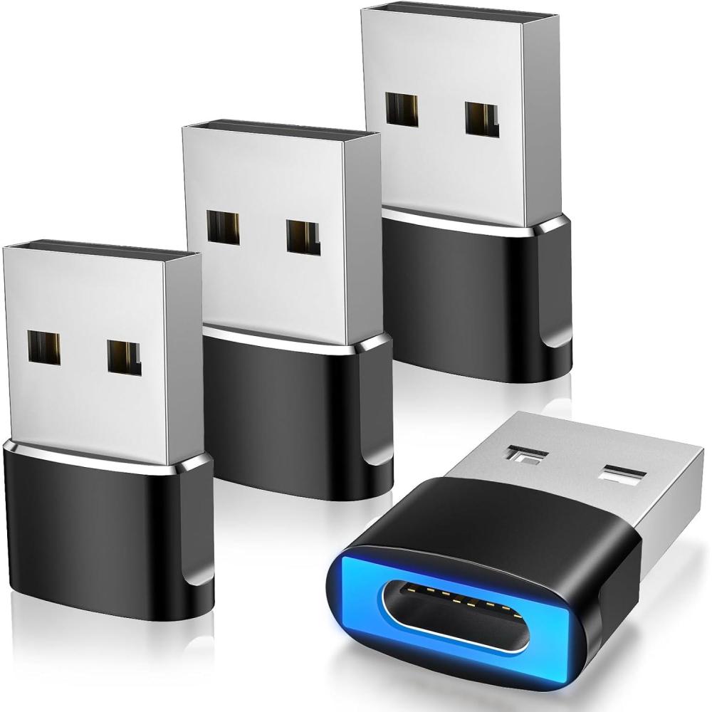 imageTiMOVO USB to USB C Adapter with LED Light 4 Pack USB A Male to USB C Female Adapter 27W Fast Charging for iPhone 16e1615 Pro Max Plus AirPods iWatch iPad Galaxy S25 CarPlay BlackBlack