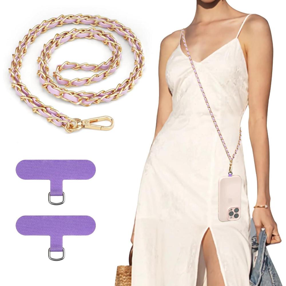 imageTiMOVO Universal Phone Lanyard Metal Cell Phone Chain AntiTheft Crossbody Strap for iPhone 17 16 Series and Most Smartphones Cell Phone Neck Holder for Women Gold ampamp BlackLight Purple