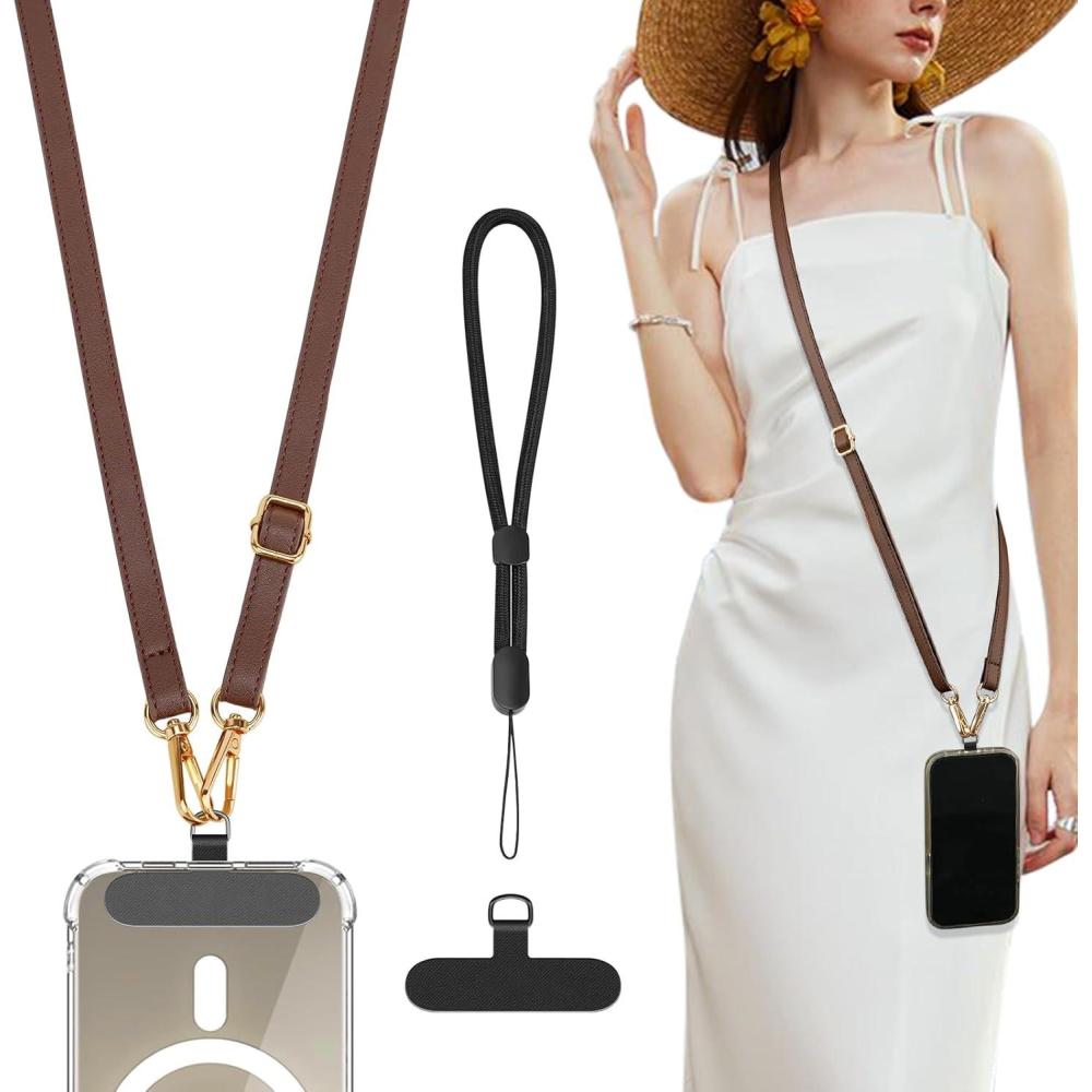 imageTiMOVO Phone Crossbody Strap Adjustable Phone Lanyard with 1 Leather Phone Strap 1 Wrist Strap 1 Pads Crossbody Phone Lanyards Adjustable Phone Chain Compatible with Most Smartphones Brown