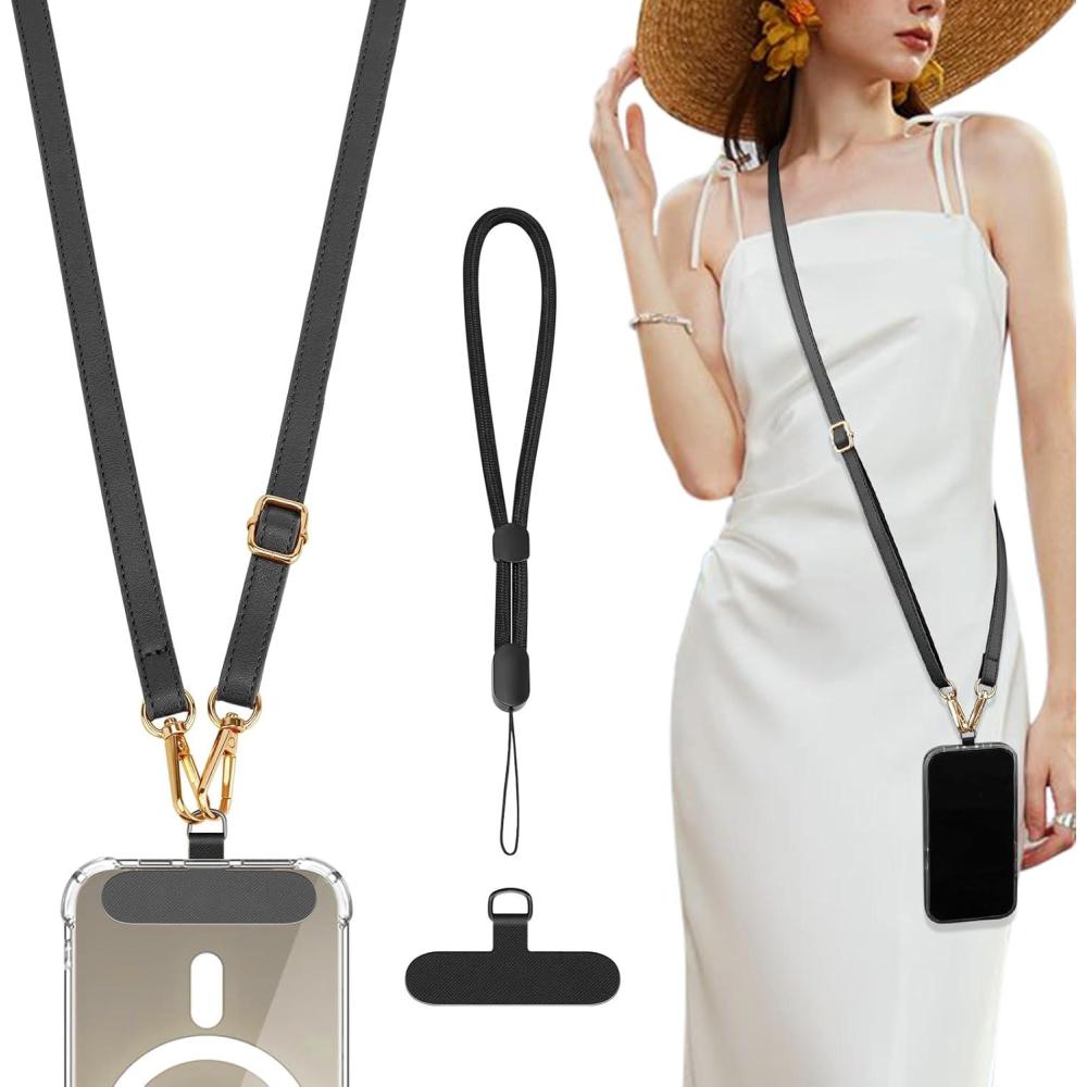 imageTiMOVO Phone Crossbody Strap Adjustable Phone Lanyard with 1 Leather Phone Strap 1 Wrist Strap 1 Pads Crossbody Phone Lanyards Adjustable Phone Chain Compatible with Most Smartphones Black