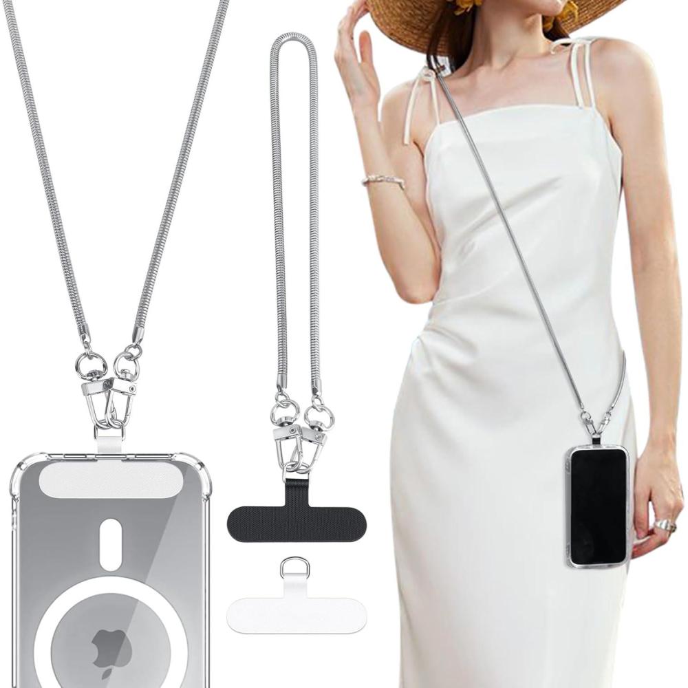 imageTiMOVO Phone Crossbody Strap Universal Phone Lanyard with 1 Metal Phone Strap 1 Wrist Strap 2 Pads Crossbody Phone Lanyards Phone Chain Compatible with Most Smartphones Bright SilverBright Silver