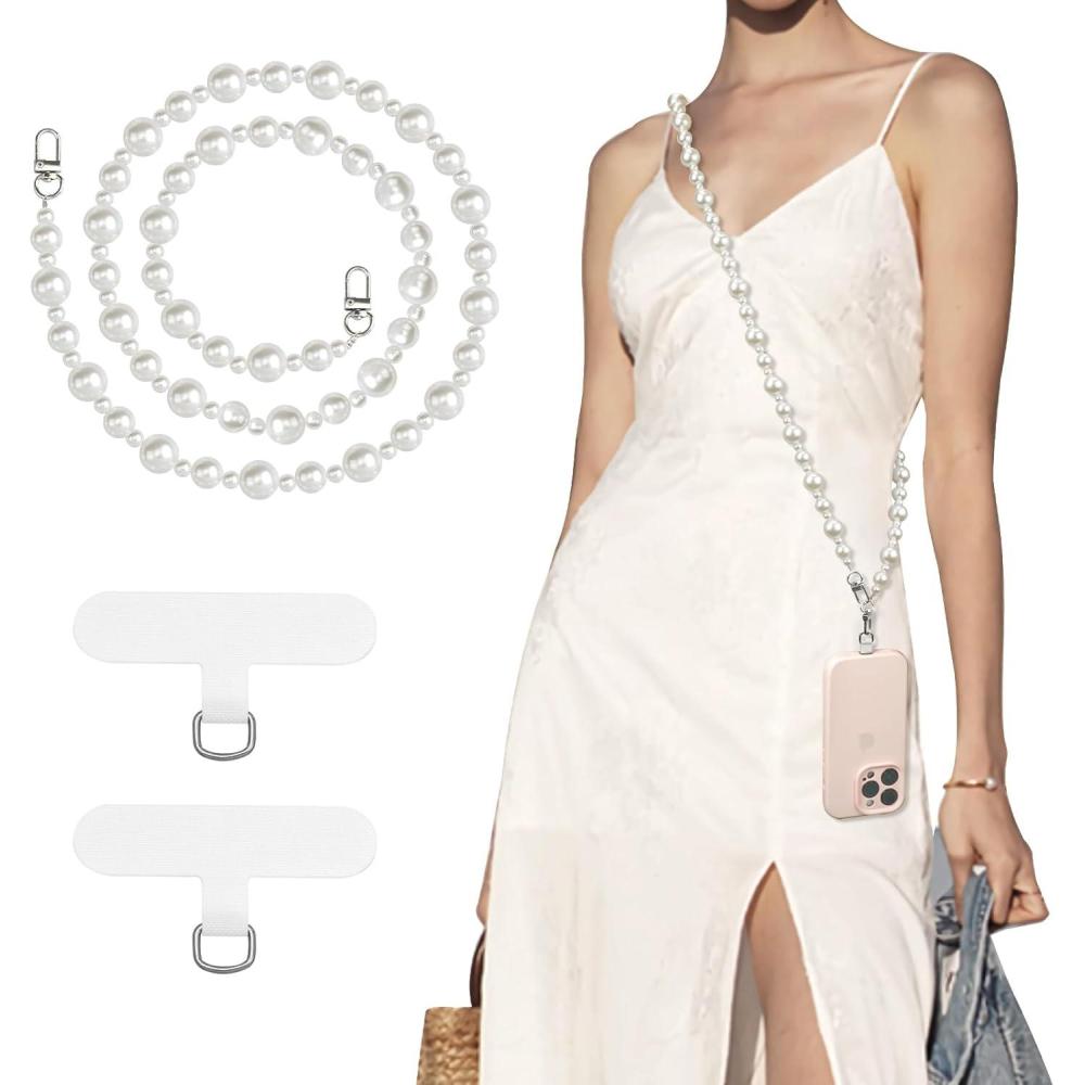 imageTiMOVO Universal Phone Lanyard Beaded Pearls Cell Phone Chain AntiTheft Crossbody Strap for iPhone 15 Pro Max and Most Smartphones Adjustable Cell Phone Neck Holder for Women WhiteBeaded Pearls White