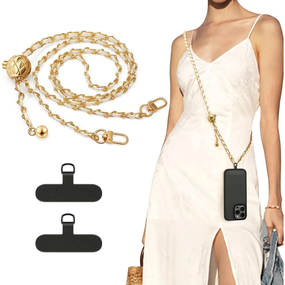 imageTiMOVO Universal Phone Lanyard Metal Cell Phone Chain AntiTheft Crossbody Strap for iPhone and Most Smartphones Adjustable Cell Phone Neck Holder for Women GoldWhiteGoldwhite