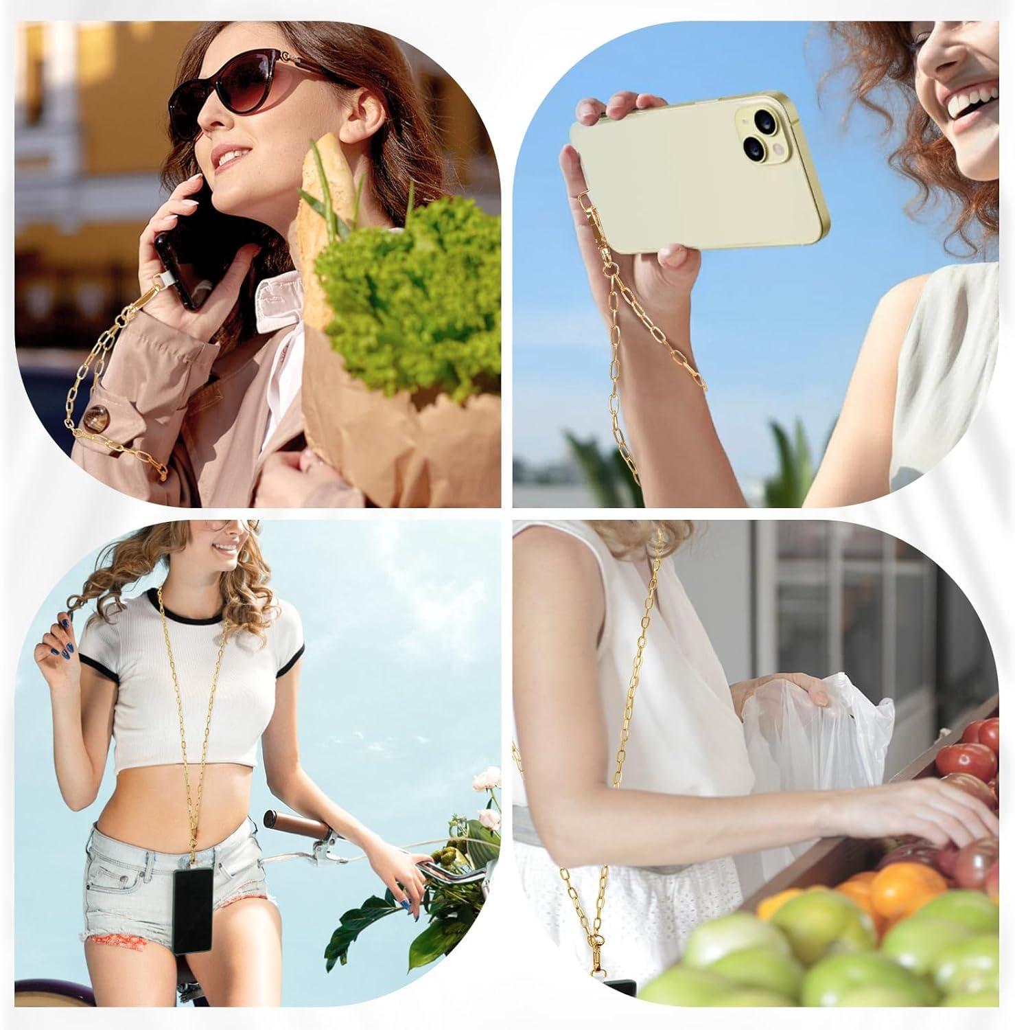 imageTiMOVO Phone Chain Crossbody Universal Phone Lanyard with 1 Metal Phone Strap 1 Wrist Strap 2 Pads Crossbody Chain Compatible with Most Smartphones Gold