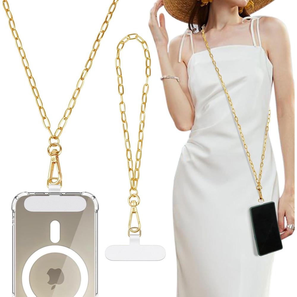 imageTiMOVO Phone Chain Crossbody Universal Phone Lanyard with 1 Metal Phone Strap 1 Wrist Strap 2 Pads Crossbody Chain Compatible with Most Smartphones Gold