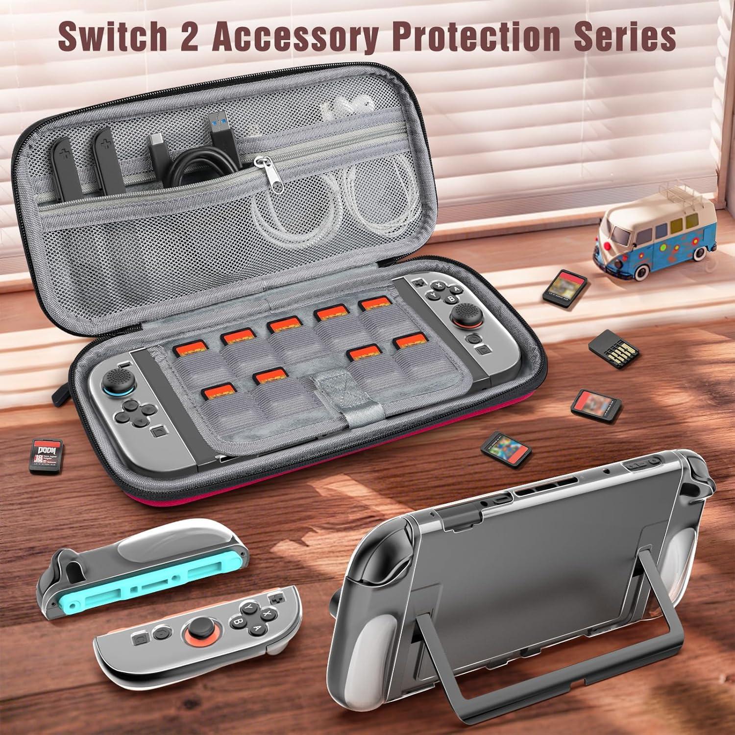 imageTiMOVO Accessories Bundle Kit for Nintendo Switch 2 14 in 1 Switch 2 Accessories with Carrying Case PC Protective Cover TPU JoyCon Case 2 Pack Screen Protectors and 8 Pack Thumb Grip CapsRedRed