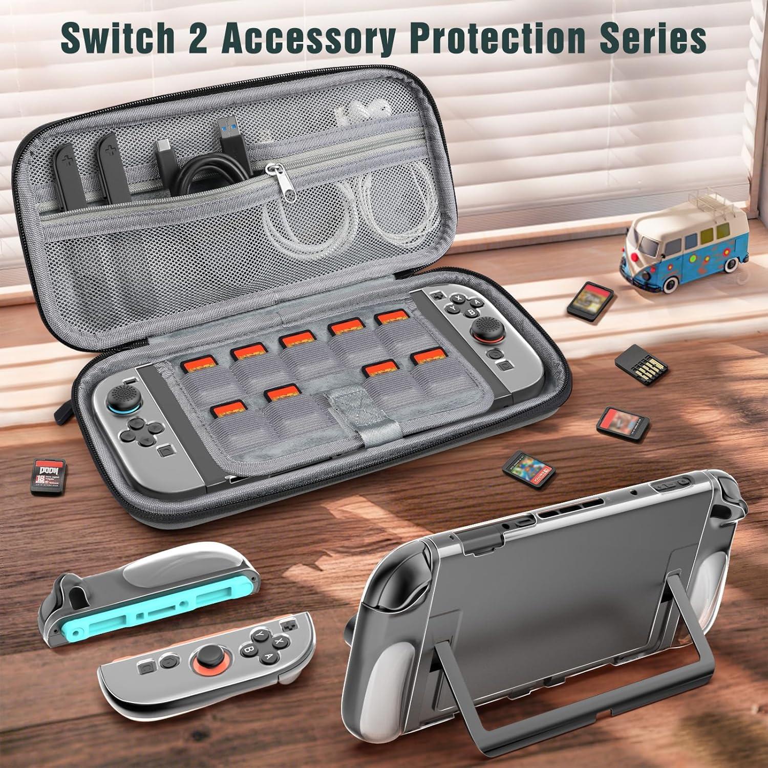 imageTiMOVO Accessories Bundle Kit for Nintendo Switch 2 14 in 1 Switch 2 Accessories with Carrying Case PC Protective Cover TPU JoyCon Case 2 Pack Screen Protectors and 8 Pack Thumb Grip CapsRedGray