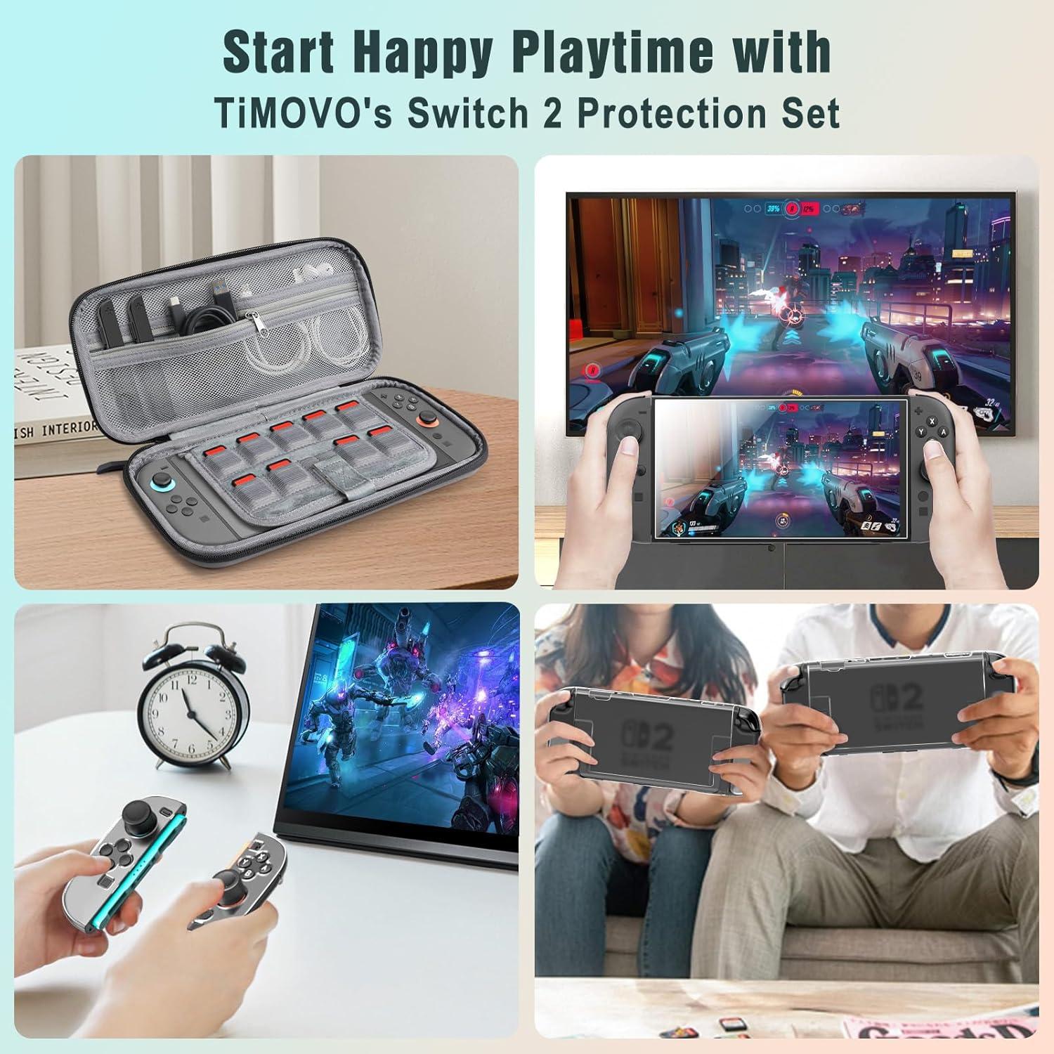 imageTiMOVO Accessories Bundle Kit for Nintendo Switch 2 14 in 1 Switch 2 Accessories with Carrying Case PC Protective Cover TPU JoyCon Case 2 Pack Screen Protectors and 8 Pack Thumb Grip CapsRedGray