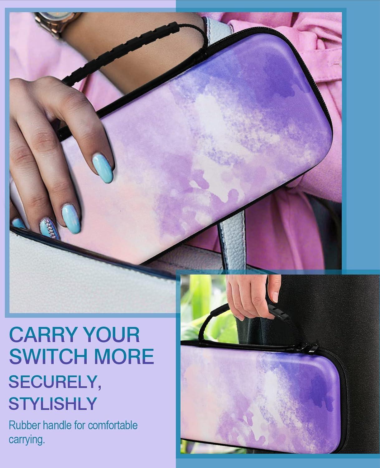 imageTiMOVO Carrying Case for Nintendo Switch OLED Model 2021 ampamp Switch Durable Hard Shell Game Storage Handbag Portable Travel Bag PU Pouch with Pocket for 10 Game Cards ampamp Accessories Watercolor Purple