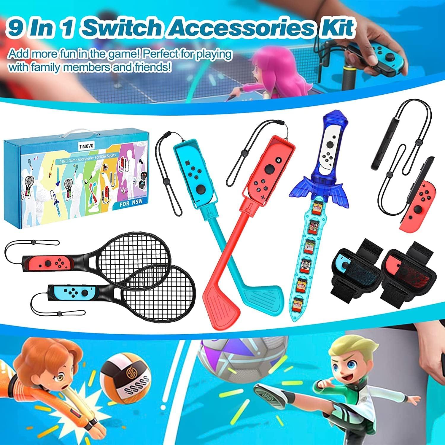imageTiMOVO Switch Sports Accessories Bundle for Nintendo SwitchSwitch OLED 9 in 1 Switch Sports Game Kit with Switch Golf Club JoyCon Wrist Bands Soccer Leg Straps Tennis Rackets Sword for Chambara