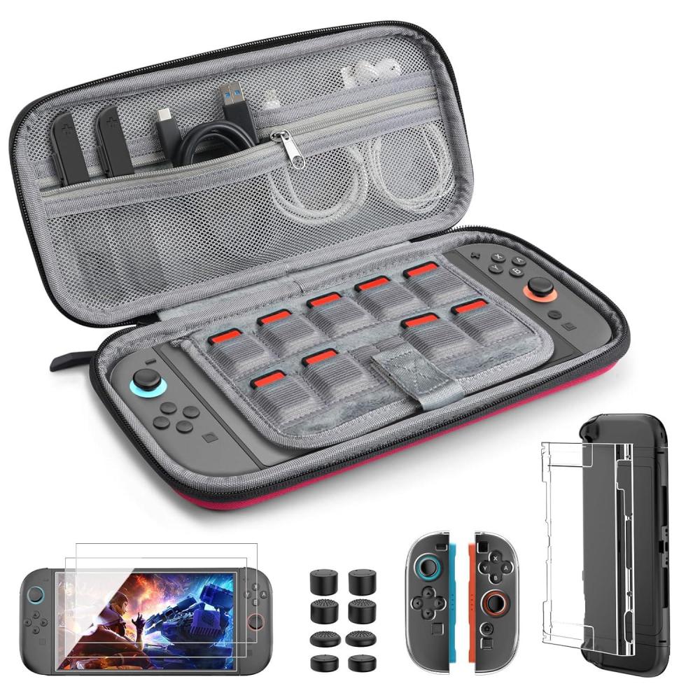 imageTiMOVO Accessories Bundle Kit for Nintendo Switch 2 14 in 1 Switch 2 Accessories with Carrying Case PC Protective Cover TPU JoyCon Case 2 Pack Screen Protectors and 8 Pack Thumb Grip CapsRedRed