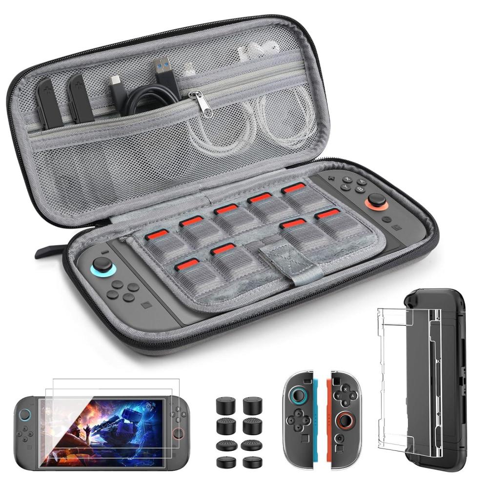 imageTiMOVO Accessories Bundle Kit for Nintendo Switch 2 14 in 1 Switch 2 Accessories with Carrying Case PC Protective Cover TPU JoyCon Case 2 Pack Screen Protectors and 8 Pack Thumb Grip CapsRedGray