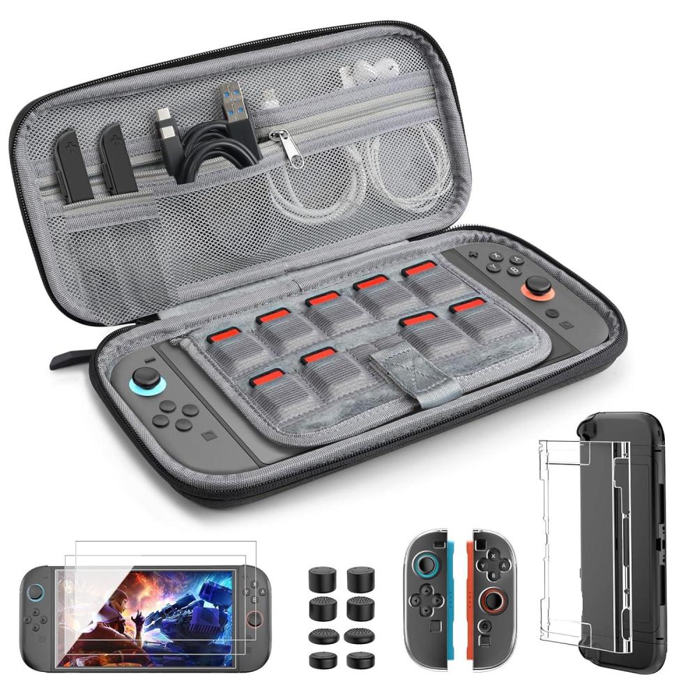 imageTiMOVO Accessories Bundle Kit for Nintendo Switch 2 14 in 1 Switch 2 Accessories with Carrying Case PC Protective Cover TPU JoyCon Case 2 Pack Screen Protectors and 8 Pack Thumb Grip CapsRedBlack