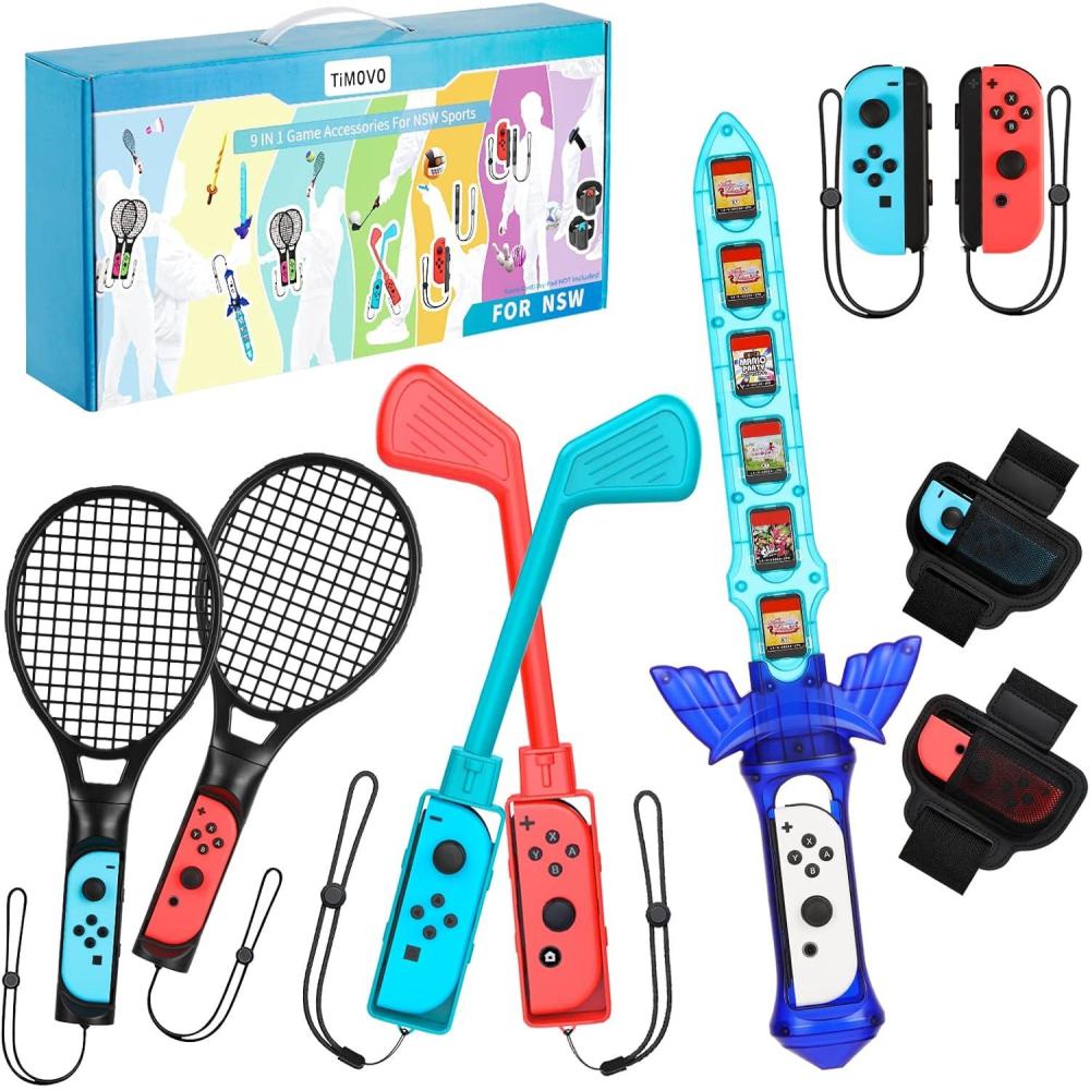 imageTiMOVO Switch Sports Accessories Bundle for Nintendo SwitchSwitch OLED 9 in 1 Switch Sports Game Kit with Switch Golf Club JoyCon Wrist Bands Soccer Leg Straps Tennis Rackets Sword for Chambara