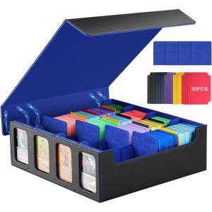 TiMOVO MTG Deck Box for 3000+ Trading Cards, Trading Card Storage Box with 20 Colorful Dividers & 4 Card Supporters, 4 Rows Commander Deck Boxes for Magic Game, YuGiOh, TCG, Sport Cards, Black Grey(Black/Blue)