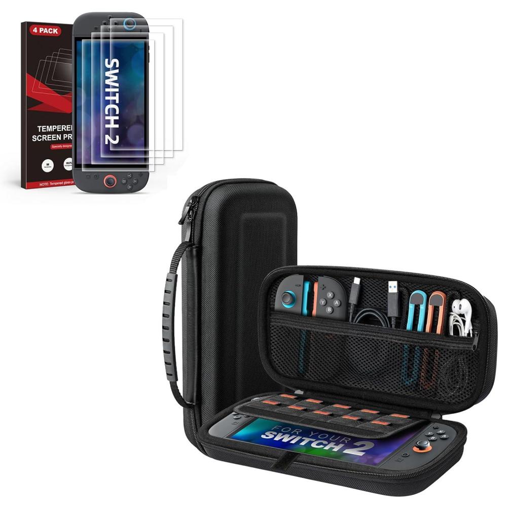 imageTiMOVO Carrying Case for Nintendo Switch 2 2025 with Protective Hard Shell and 4 pack Tempered Glass Screen Protector for Nintendo Switch 2